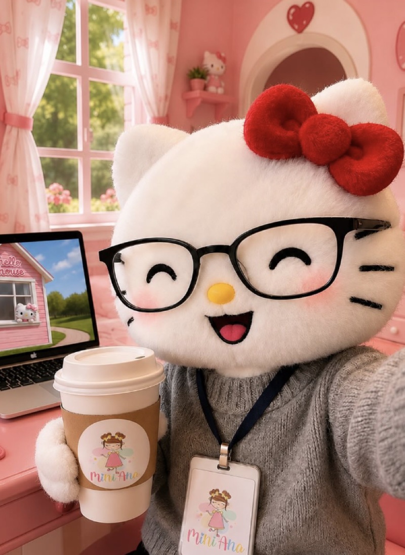 Mascote Hello Kitty com a logo Mini Ana